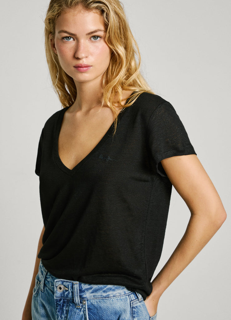 Γυναικεία Λινή Κοντομάνικη Μπλούζα Megan V-neck Pepe Jeans | PL506048-999 ΓΥΝΑΙΚΕΙΑ > ΜΠΛΟΥΖΕΣ PEPE JEANS