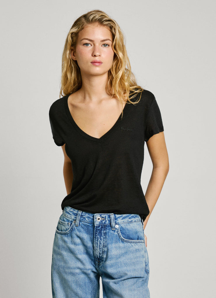 Γυναικεία Λινή Κοντομάνικη Μπλούζα Megan V-neck Pepe Jeans | PL506048-999 ΓΥΝΑΙΚΕΙΑ > ΜΠΛΟΥΖΕΣ PEPE JEANS